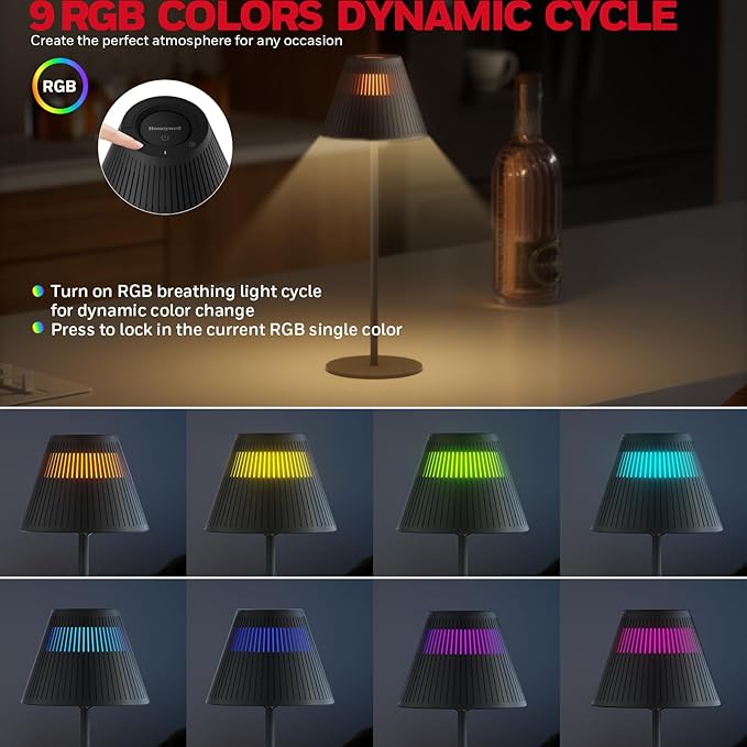 Honeywell M1 Cordless Small Table Lamp Rechargeable, 5200mAh Battery Operated LED Table Lamp, 4 Color 9RGB Stepless Dimmable Touch Control Night Light for Bedroom Restaurant Bedside (1, Black)