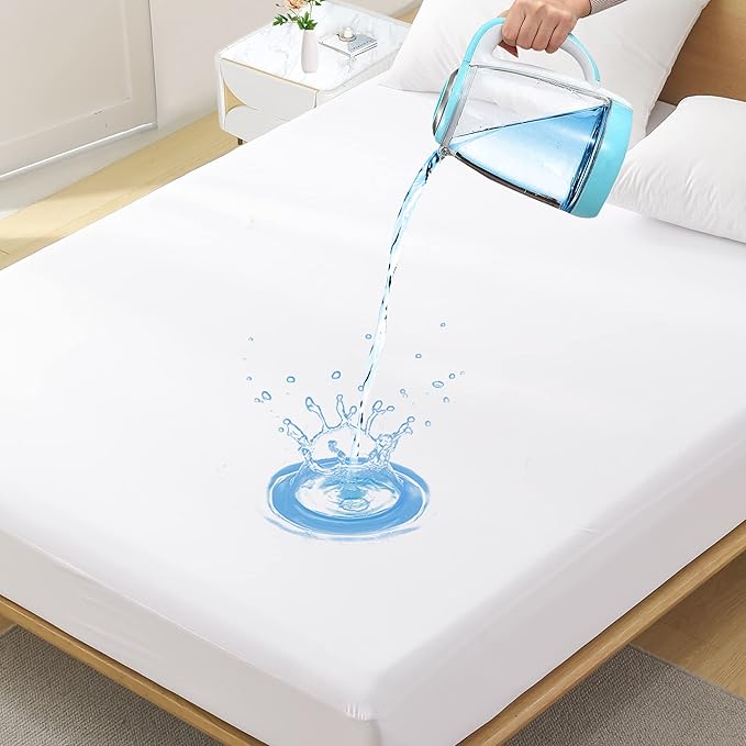 Queen Waterproof Mattress Protector - Noiseless, Breathable, Machine Washable Fitted Mattress Cover with Deep Pocket up to 5”-21”（White）