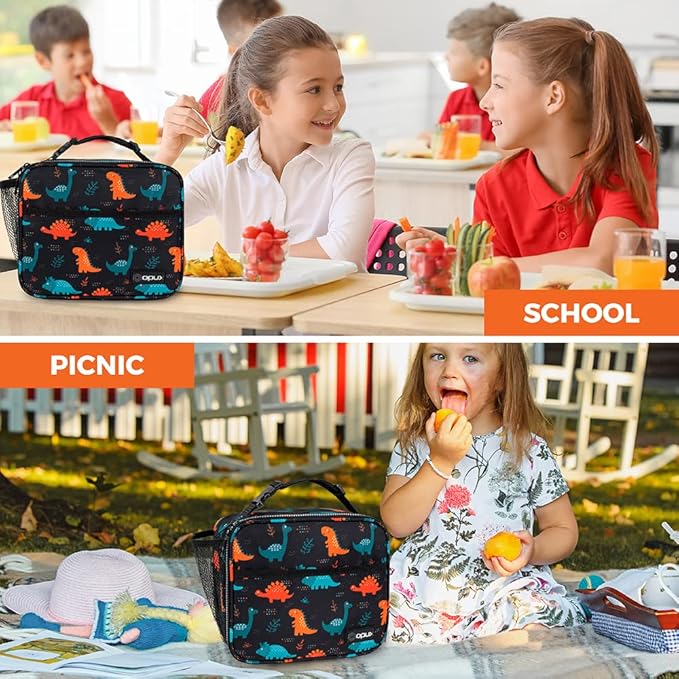 opux Insulated Lunch Bag Kids, Lunch Box for School Boy Girl, Leakproof Small Reusable Compact Soft Mini Cooler Bag, Toddler Small Lunch Boxes Kit Pail with Front Side Pockets (Dinosaur)