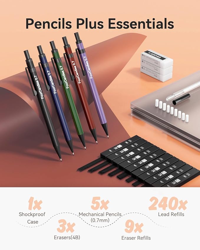 Four Candies Metal Mechanical Pencils 0.7mm, with #2 Pencil Leads 0.7, Eraser Set and Eraser Refills, 19-Count Pack with Case, Back to School Supplies for Writing, Drawing, Sketching