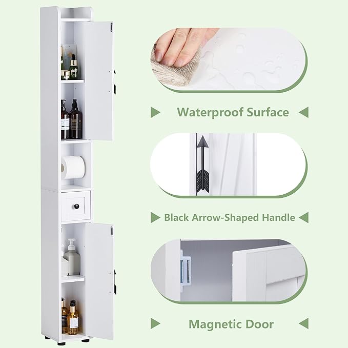 VECELO Narrow Bathroom Storage Cabinet with Adjustable Shelves, 67" Tall Freestanding Cabinet with Toilet Paper Holder, Slim Tower Cabinet with Two Magnetic Doors & Drawer, for Small Spaces, White