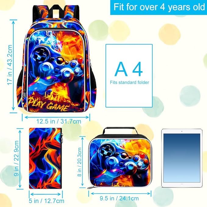 KLFVB 3PCS Bookbag for Boys, 17" Boys Game Backpack and Lunch Box, Water Resistant Teenagers Backpacks for Middle Elementary - Flame Game