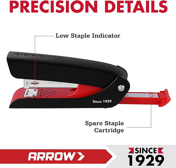 Arrow Office Stapler Set, 25 Sheet Capacity Metal Desk Stapler with 2100 Staples and Staple Remover, Half Strip Design and Non-Slip Base, Spare Staple Storage for Classroom, Office and Home