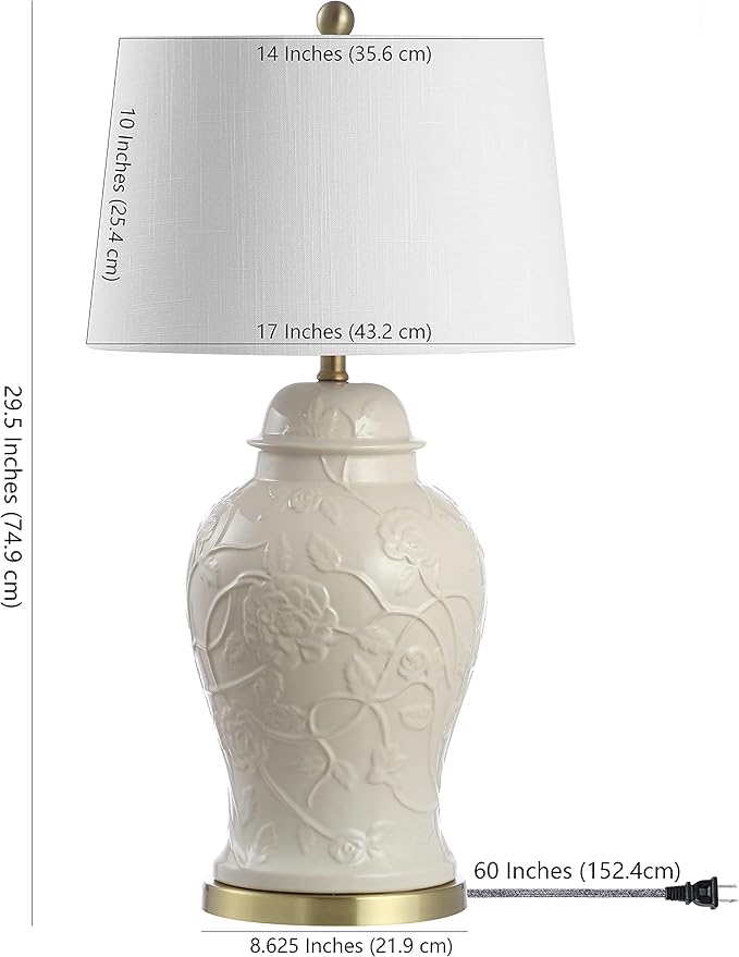 JONATHAN Y 29.5" Cream Ceramic Chinoiserie Table Lamp, Traditional Ginger Jar Lamp for Living Room Bedroom, White Linen Empire Shade, Brass Gold Base, LED Bulb Included JYL6604A