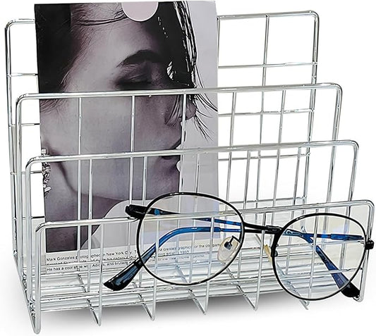 Silver Metal Desktop Organizer – 4-Slot Wire Mail Sorter, Minimalist Iron Art File Holder, Multi-Purpose Book Rack & Letter Organizer for Office, Home & School