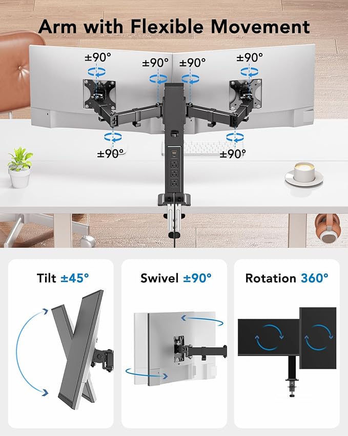 HUANUO Dual Monitor Stand with Power Outlet, Full Motion Double Monitor Stand with Adjustable Height, Supports 13″-32″ Displays up to 22 lbs, USB Ports and Stronger Pole, Desk Clamp and Grommet Mount