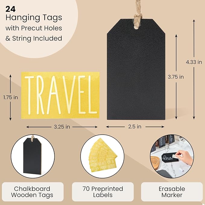 Talented Kitchen Wood Chalkboard Tags - Hanging Chalkboard Label Tags with String - Farmhouse Kitchen Pantry Basket Labels - 4.33"x 2.5", Pack of 24, Black