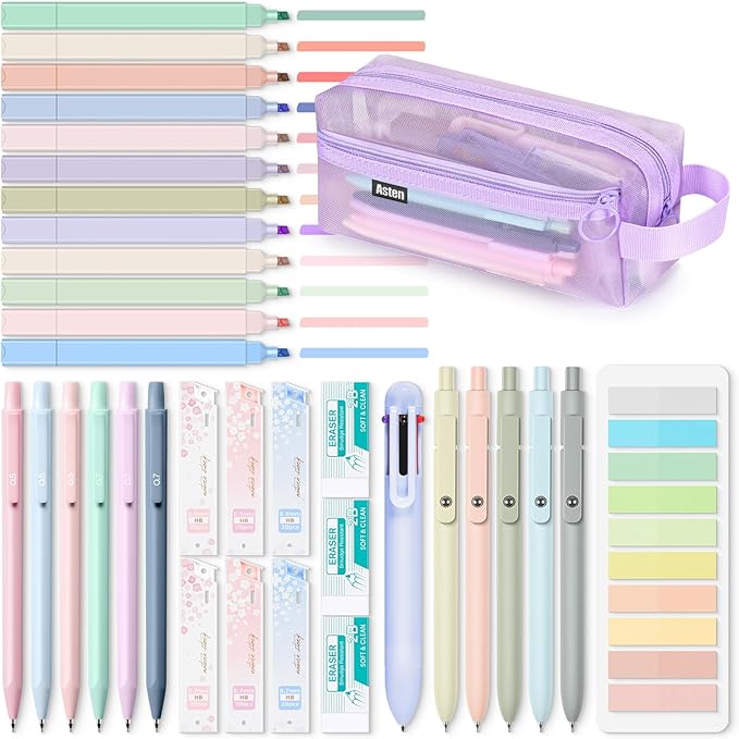 Aesthetic School Supplies, Clear Pencil Case with 12 Colors Highlighter, 5 Quick Dry Retractable Black Ink Pen, 6 Mechanical Pencil 0.5 & 0.7mm, 6-in-1 Multi Color Pen, Stationary Set for Student Girl