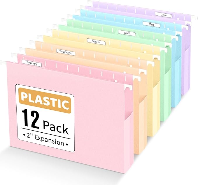 Sooez Extra Capacity Plastic Hanging File Folders, 12 Count Expanding File Folders Letter Size with 2" Expansion, File Organizer with 1/6-Cut Adjustable Tab for File Cabinet, Drawer, Pastels Colors