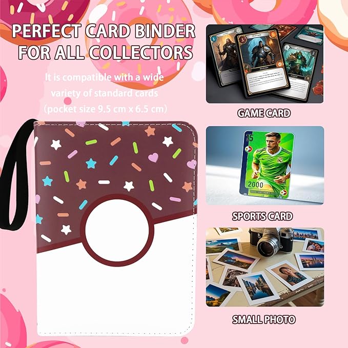 9 Pocket Card Binder 900 Card Holder Album, Pink Donut Trading Cards Holder Zipper Binder for Girl Teen Collection (Choco Donut, 900 Pocket)