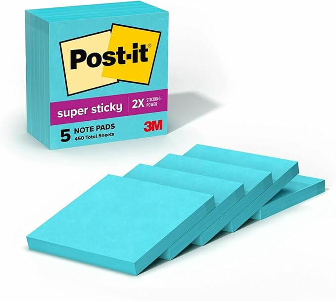 Post-it Super Sticky Notes, 5 Sticky Note Pads, 3 x 3 in., Ideal for Organization in Your Dorm, Home or Office, Single Color Packs Collection, Aqua
