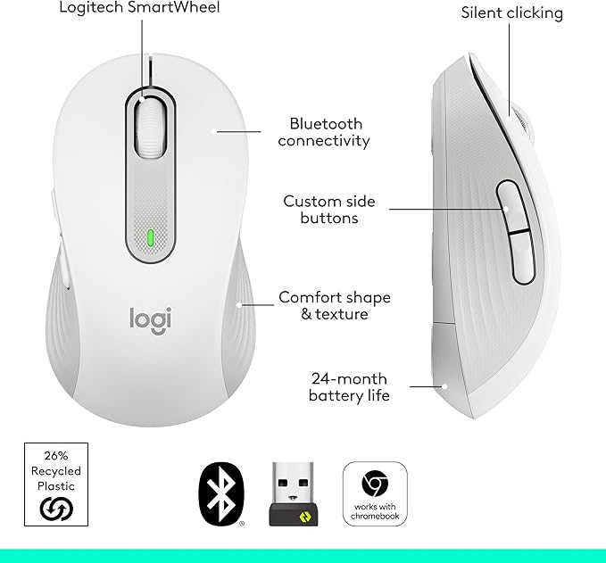 Logitech Signature M650 Wireless Mouse - for Small to Medium Sized Hands, Silent Clicks, Customizable Side Buttons, Bluetooth, Multi-Device Compatibility - Off White (Renewed)