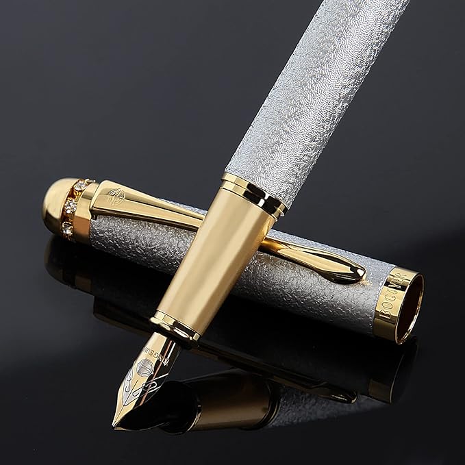 fountain pen-Multiple color styles with rhinestone,diamond inlay and frosted finish,Cute pens,Luxury pen,Office pens,Best pen set,Includes 10 Ink Cartridges and Ink Refill Converter(Silver)