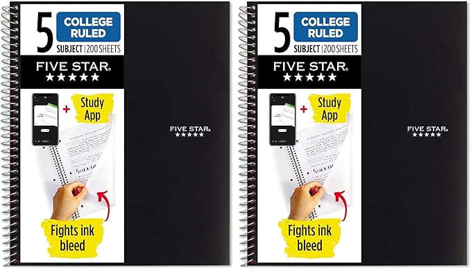 Five Star Spiral Notebook + Study App, 5 Subject, College Ruled Paper, Fights Ink Bleed, Water Resistant Cover, 8-1/2" x 11", 200 Sheets, Black (72081) (Pack of 2)
