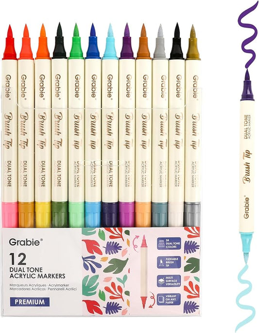 Grabie 24 Colors Paint Markers, Acrylic Paint Pens with 12 Dual-Color Brush Tips, Dual Tone Acrylic Markers for Rocks, Acrylic Paint Markers for Art Supplies (24 Colors)