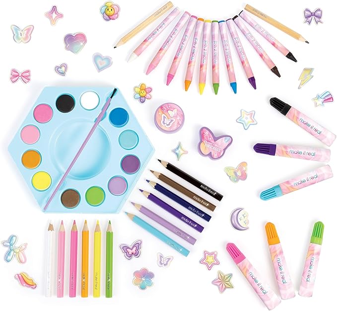 Make It Real: Creative Heart Art Set - 68pc Supplies Kit, Hexagon Stacked Trays Studio, Watercolors-Color Pencils-Markers-Stickers, Tween-Girl-Kids 6+