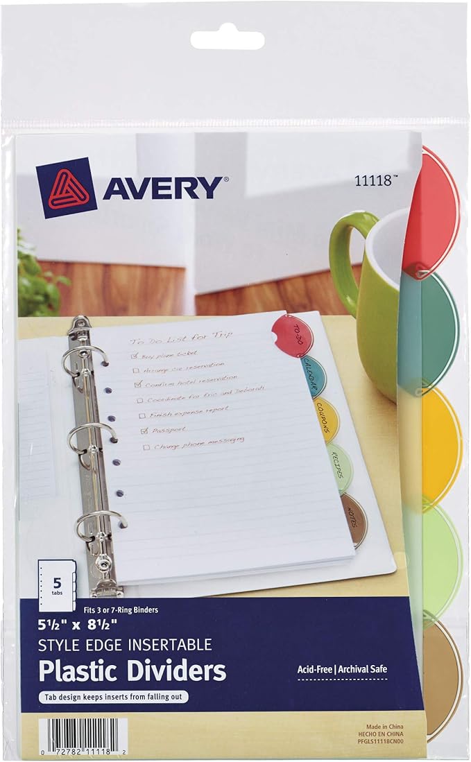Avery Insertable Style Edge Plastic Mini Dividers for 3 Ring Binders, 5.5" x 8.5", 5-Tab Set, Multicolor, 1 Set (11118)