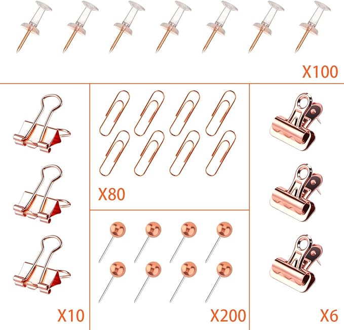 Push Pins Binder Clips Paper Clips Map Tacks Sets, 5 Styles 396 Pcs Rose Gold Pack for Office, School and Home Supplies (Pin and Clips)