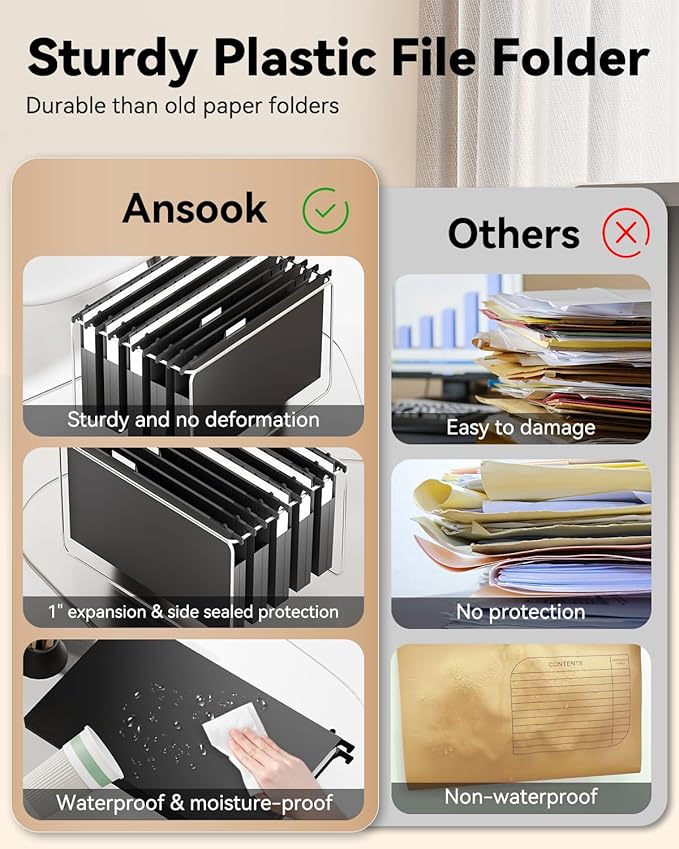 Ansook Plastic Legal Size Hanging File Folders,Reinforced 1" Expansion File Folder,12 Pack Accordion Folders,Heavy Duty File Cabinet Folder with 1/5 Insertable Tabs,Black Hanging Folders for Office