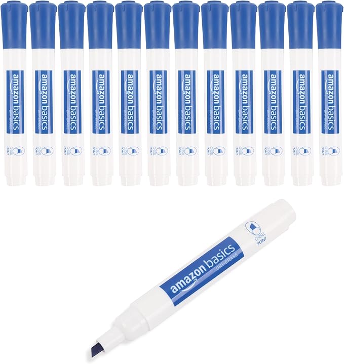 Amazon Basics Dry Erase Whiteboard Markers, Chisel Tip, Low-Odor, Blue, 12-Pack, For Drawing, Sketching and Writing