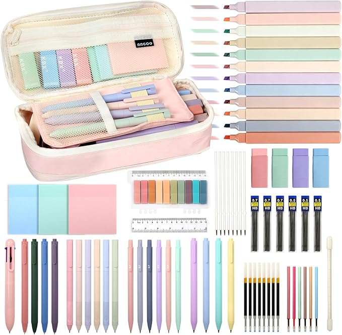 72 PCS Pencil Case with Supplies, Aesthetic School Supplies, 12 Highlighters, Colored & Black Ink Gel Pens, 6 Mechanical Pencils Set, Essentials Stationary Set, Pink