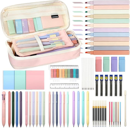 72 PCS Pencil Case with Supplies, Aesthetic School Supplies, 12 Highlighters, Colored & Black Ink Gel Pens, 6 Mechanical Pencils Set, Essentials Stationary Set, Pink