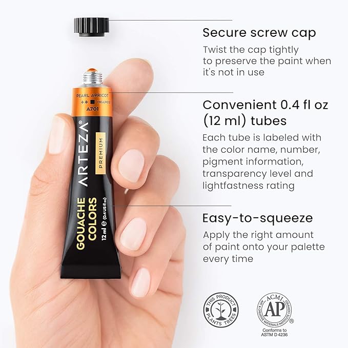 ARTEZA Metallic Gouache Paint Set with Black Canvas Paper, Includes 12 Gouache Colors, Foldable Canvas, DIY Art Kit for Artists & Beginners