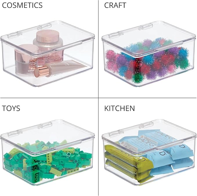 mDesign Small Plastic Home Office Storage Organizer Box Containers w/Hinged Lid for Desktops - Holds Pens, Pencils, Sticky Notes, Highlighters, Staples, Supplies - Lumiere Collection, Clear