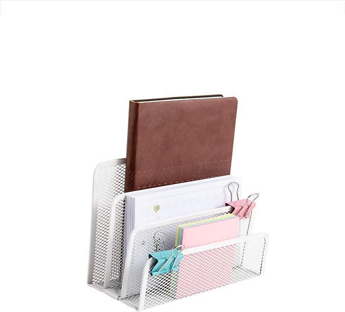 VANRA Small Letter Sorter Desktop File Holder Organizer Metal Mesh with 3 Vertical Upright Compartments (White)