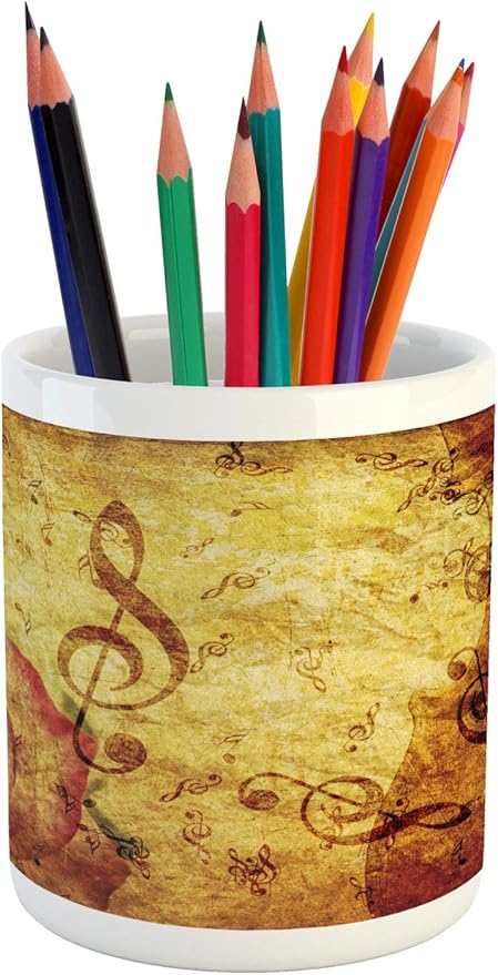 Ambesonne Rose Pencil Pen Holder, Old Fashioned Design with a Big Rose and Treble Clefs Music Notes Harmonical Concept, Printed Ceramic Pencil Pen Holder for Desk Office Accessory, Cream Red