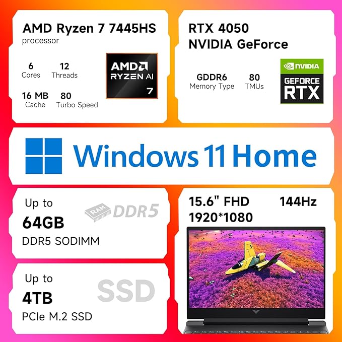 HP Victus RTX 4050 AI Gaming Laptop with Copilot, 15.6 FHD 144Hz, AMD Ryzen 7 7445HS(Beats Intel i7-13700), NVIDIA RTX 4050, 32GB DDR5 RAM, 1TB SSD, Backlit KB, Bundle with PCO Laptop Cooler