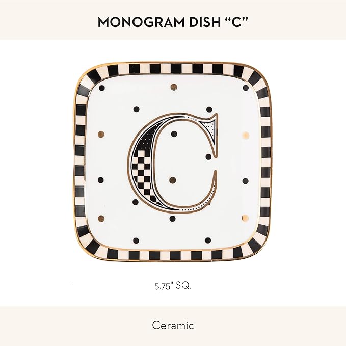 MACKENZIE-CHILDS Monogram Dish, Decorative Ceramic Letter Plate, 5 3/4" Square, C