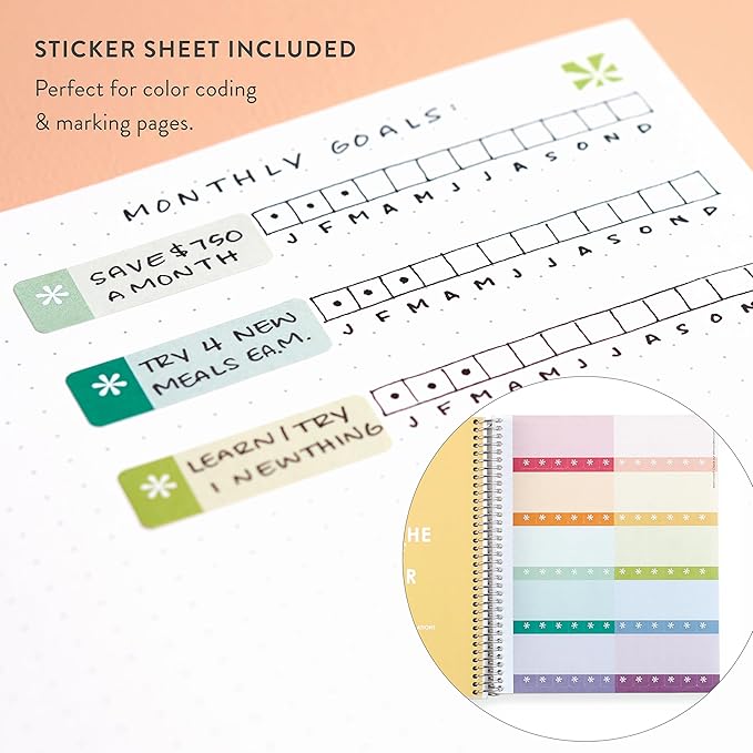 Erin Condren 7” x 9” Dot Grid Spiral Notebook, 5mm Dotted Layout with 80 Lb. Paper, Canvas Asterisk Cover, 160 Dot Grid Notebook Pages, Platinum Coil, Stickers Included