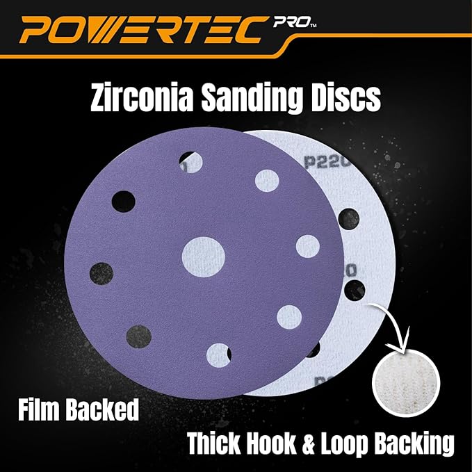 POWERTEC PRO 45PK, 5 Inch 9 Holes Assorted Sanding Disc, 80/120/220 Grit, Zirconia Hook and Loop Film Backing Discs for Festool Orbital Sanders - Automotive, Paint, Metal, Woodworking (45900Z-45)