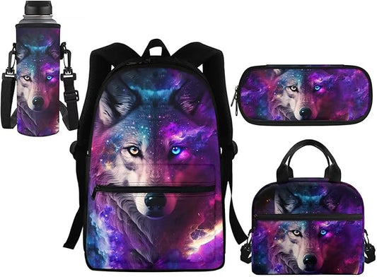 Kids Galaxy Wolf Backpck Set for Girls Boys School Bag Set with Reusable Lunch Bags Pencil Case Water Bottle Carrier Cover Bag 4 IN 1 Elementary Kindergarten Preschool Bookbag