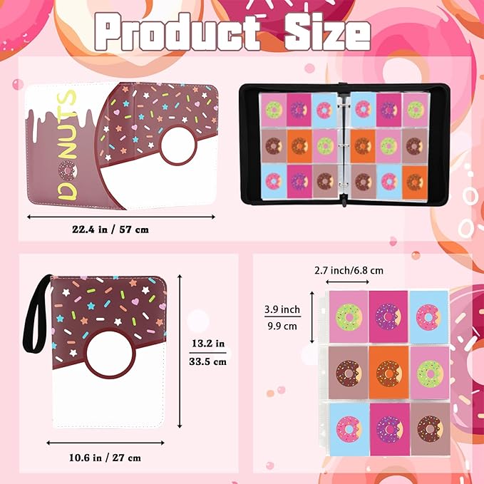 9 Pocket Card Binder 900 Card Holder Album, Pink Donut Trading Cards Holder Zipper Binder for Girl Teen Collection (Choco Donut, 900 Pocket)