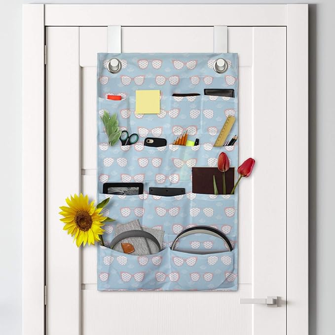 Ambesonne Pastel Hanging Pocket Organizer, Eyeglasses on a Background of Mini-Clouds, Printed Polyester Storage Bag with Pockets, 21" x 31", Blue Blush