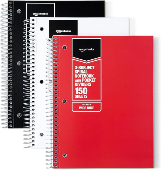 Amazon Basics Wide Ruled Spiral Notebook, 3-Subject with Pocket Divider, 150 Sheets, 8''x10.5'', Assorted Primary Colors, 3 pack