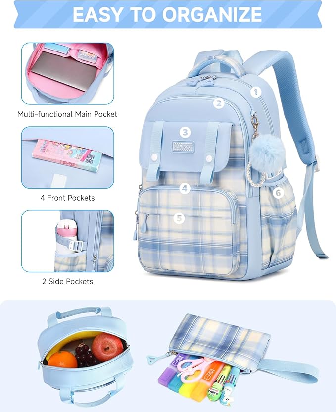 Girls Backpack with Lunch Box 3Pcs, Waterproof School Bag Set for Teen Elementary Middle School, Multi-Pocket Laptop Bookbag Lightweight, Blue