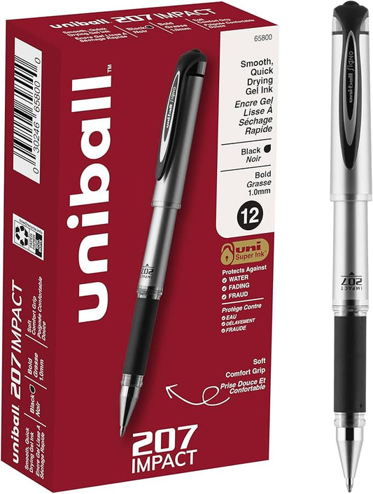 Uni-Ball® 207™ Impact™ Gel Pens,Bold Point,1.0 mm,Black; Gray Barrel,Black Ink,12 Count (Pack of 12)