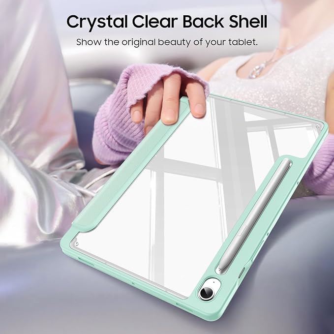 Fintie Hybrid Slim Case for Samsung Galaxy Tab S10 Lite/ S10 FE/ S9 FE 10.9 Inch/Tab S9 11 Inch with S Pen Holder, Shockproof Cover with Clear Transparent Back Shell, Auto Wake/Sleep, Green