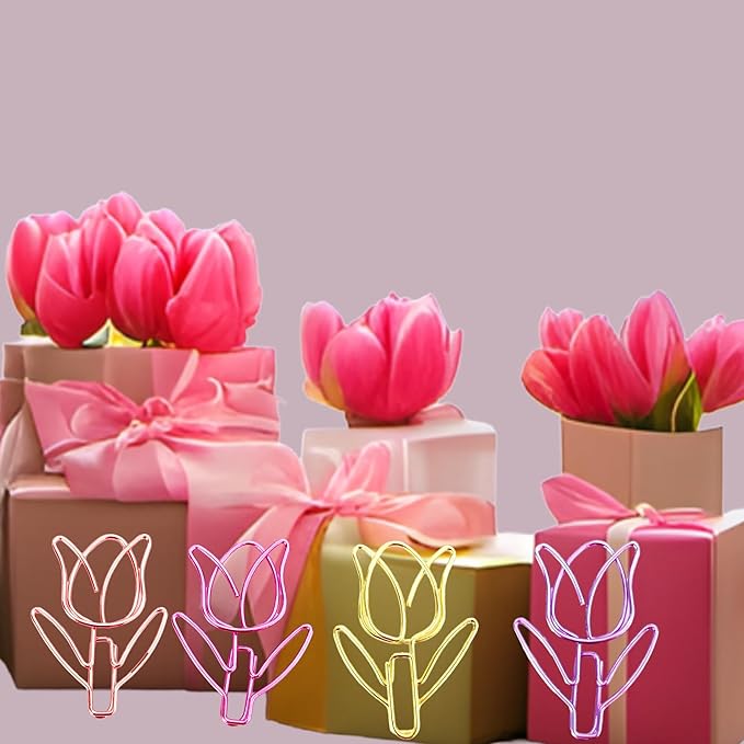 40 Pcs Metal Flower Paper Clips Set, Cute Large Decorative Paperclips for File Organization, School, Home Office and Wedding Decor 4 Colors(TULIPFLOWER)