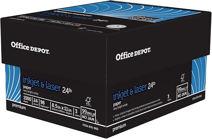 Office Depot Laser Print Paper, 8 1/2in. x 11in., 24 Lb, 30% Recycled, 500 Sheets Per Ream, Case Of 3 Reams, 751440