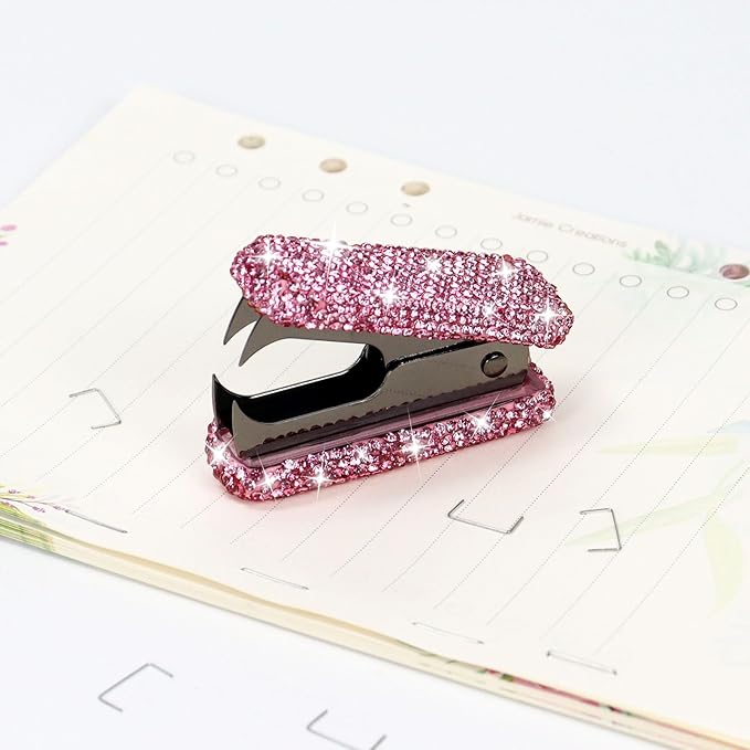 Multibey Pink Rhinestone Staple Remover, Bling Crystal Black Jaws Staples Puller Removal Tool for Desk, Dazzling Staples Puller for Home Office & School