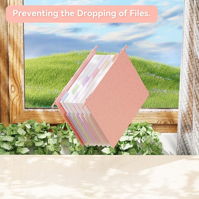 ANSOOK Wheat Straw Expanding Hanging File Folders Letter Size,7 Pockets 1.2" Accordion File Organizer,3 Pack Filing Cabinet Folders,Large Capacity File Folder with Tabs,Pink Hanging File for Frame Box