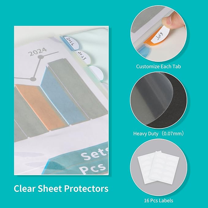 Binditek 16 Pack Heavyduty Clear Sheet Protectors with 8 Tabs, 45 Sheets Capacity, 8.5 x 11 inch Plastic Dividers for 3 Ring Binder, Insertable Index Divider, Letter Size, 2 Set, Label Sticker