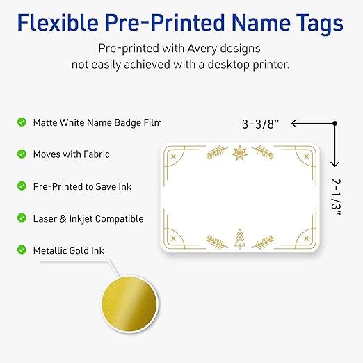 Avery Printable Christmas Adhesive Name Badges, Rectangle, 2-1/3" x 3-3/8", Pre-Printed Metallic Gold Christmas Trees Design, Matte White, Laser & Inkjet Compatible, 80 Total