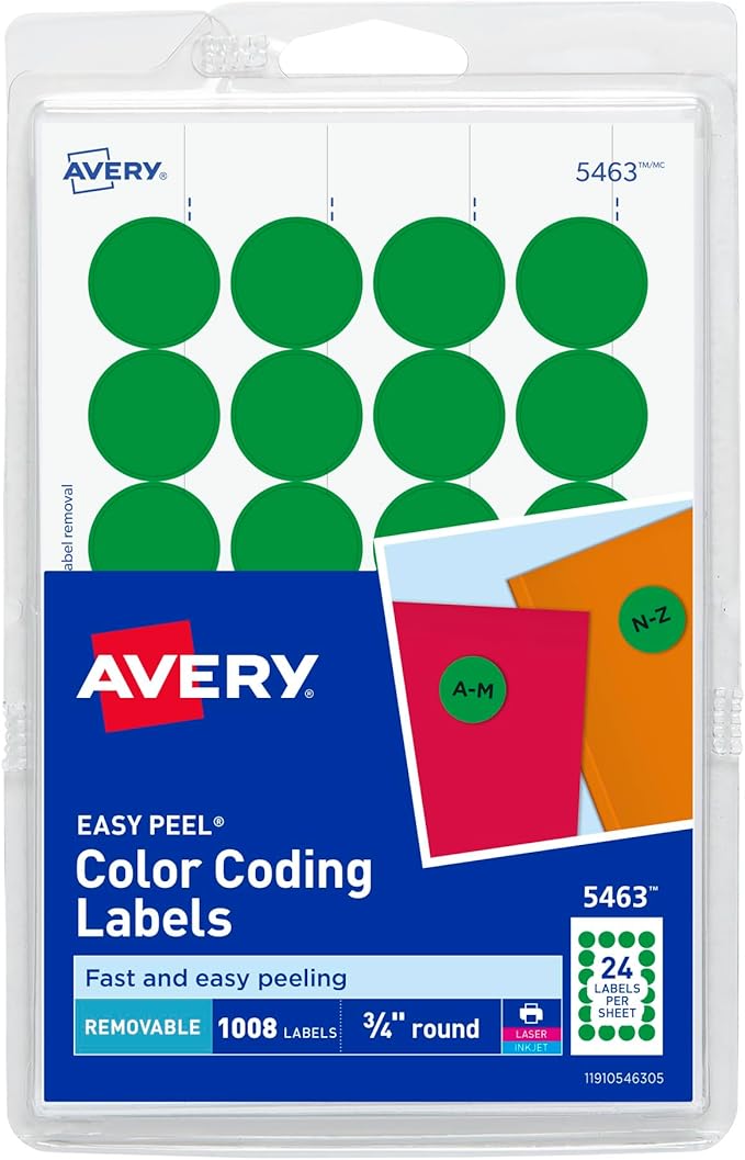 Avery Print/Write Self-Adhesive Removable Labels, 0.75 Inch Diameter, Green, 1008 per Pack (5463)