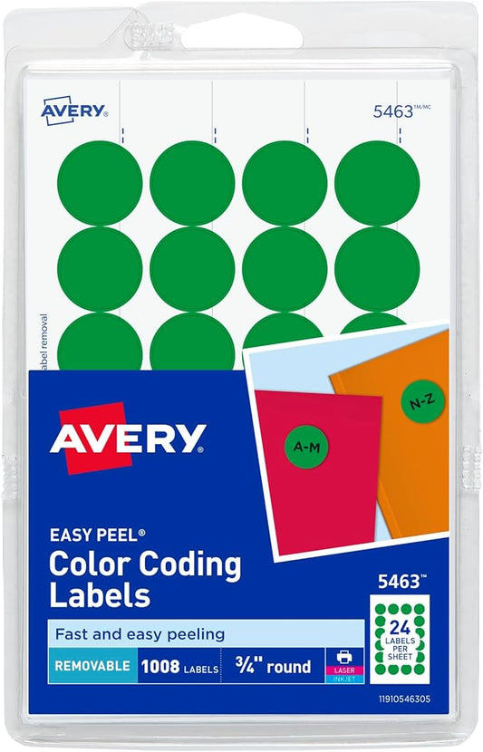 Avery Print/Write Self-Adhesive Removable Labels, 0.75 Inch Diameter, Green, 1008 per Pack (5463)