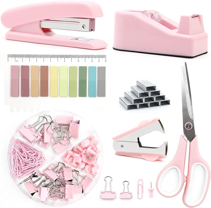 Pink Office Supplies, UPIHO Pink Desk Accessories, Stapler and Tape Dispenser Set for Women with Stapler, Tape Dispenser, Staple Remover, Staples, Clips, Scissor and Tabs,Gift for Students, Coworkers